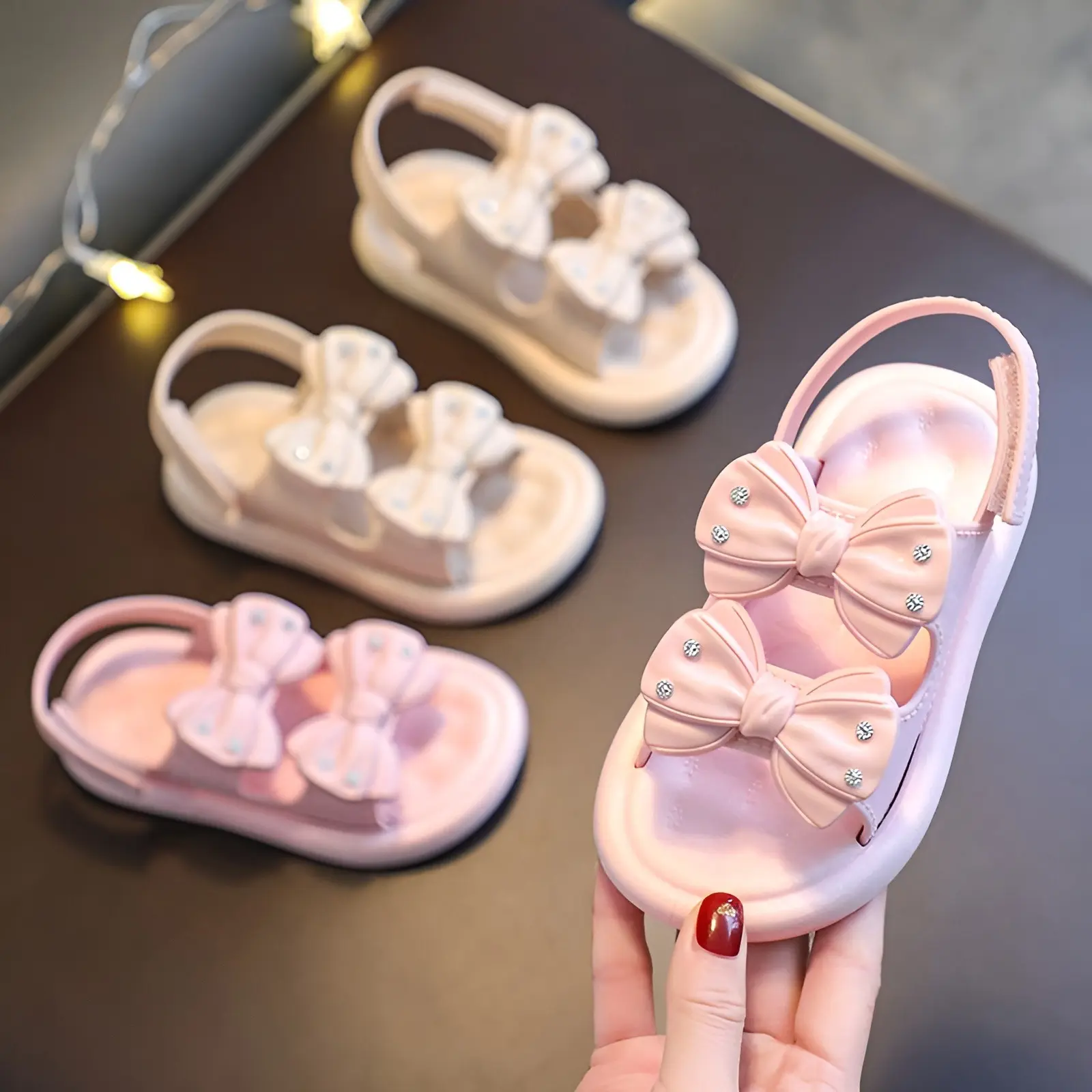 Picture of Ready Stoek kids sandal Double Bow Rhinestone sandal girl shoes soft soul Pink & Off White