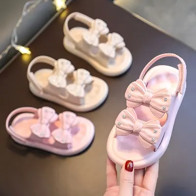 Picture of Ready Stoek kids sandal Double Bow Rhinestone sandal girl shoes soft soul Pink & Off White