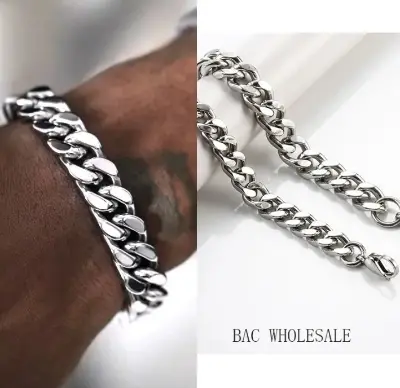 Picture of 10mm Men's Bracelets Stainless Steel Curb Cuban Link Chain Silver Color Bracelet For men Jewelry Simple European And American Punk Hip-Hop Hand Accessories