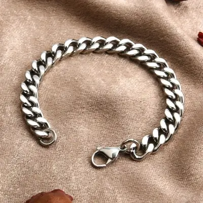Picture of 10mm Men's Bracelets Stainless Steel Curb Cuban Link Chain Silver Color Bracelet For men Jewelry Simple European And American Punk Hip-Hop Hand Accessories