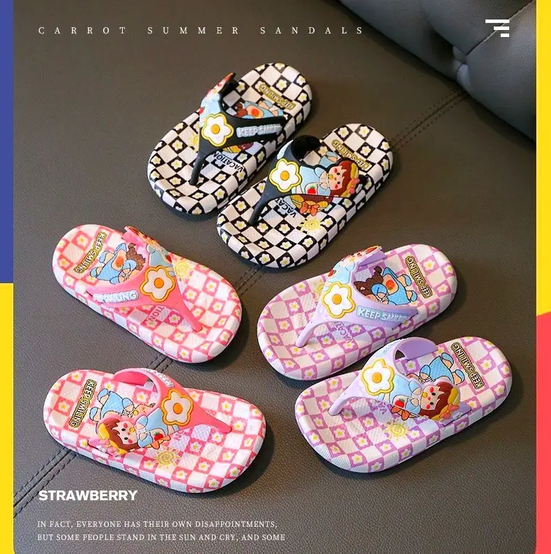 Picture of Orginal Children's Flip Flops Girls'  New Stylish Cartoon Girls' Non-Slip Soft Bottom Indoor Bathroom Baby Beach Slippers Pink- Purple & Black 
Eu 24 - 29