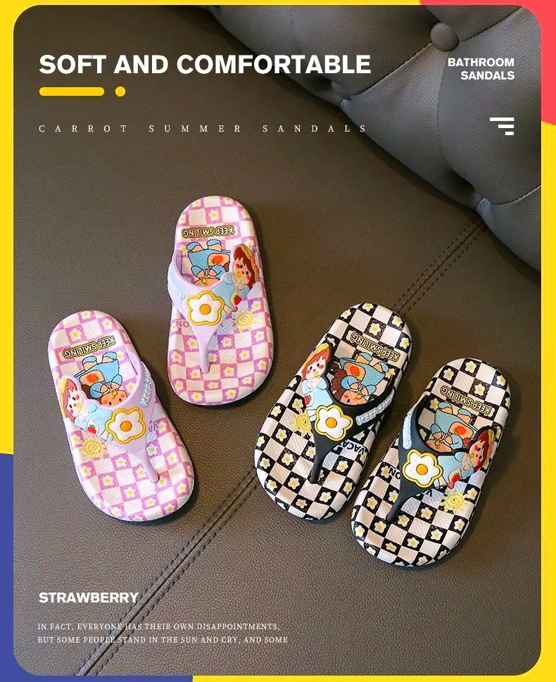 Picture of Orginal Children's Flip Flops Girls'  New Stylish Cartoon Girls' Non-Slip Soft Bottom Indoor Bathroom Baby Beach Slippers Pink- Purple & Black 
Eu 24 - 29