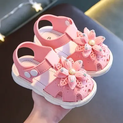 Picture of Sweet Princess Sandals 2024 New Summer Kids Fashion Covered Toes Soft Girl Pink Flower Children Snap Button Flat Casual Non-slip