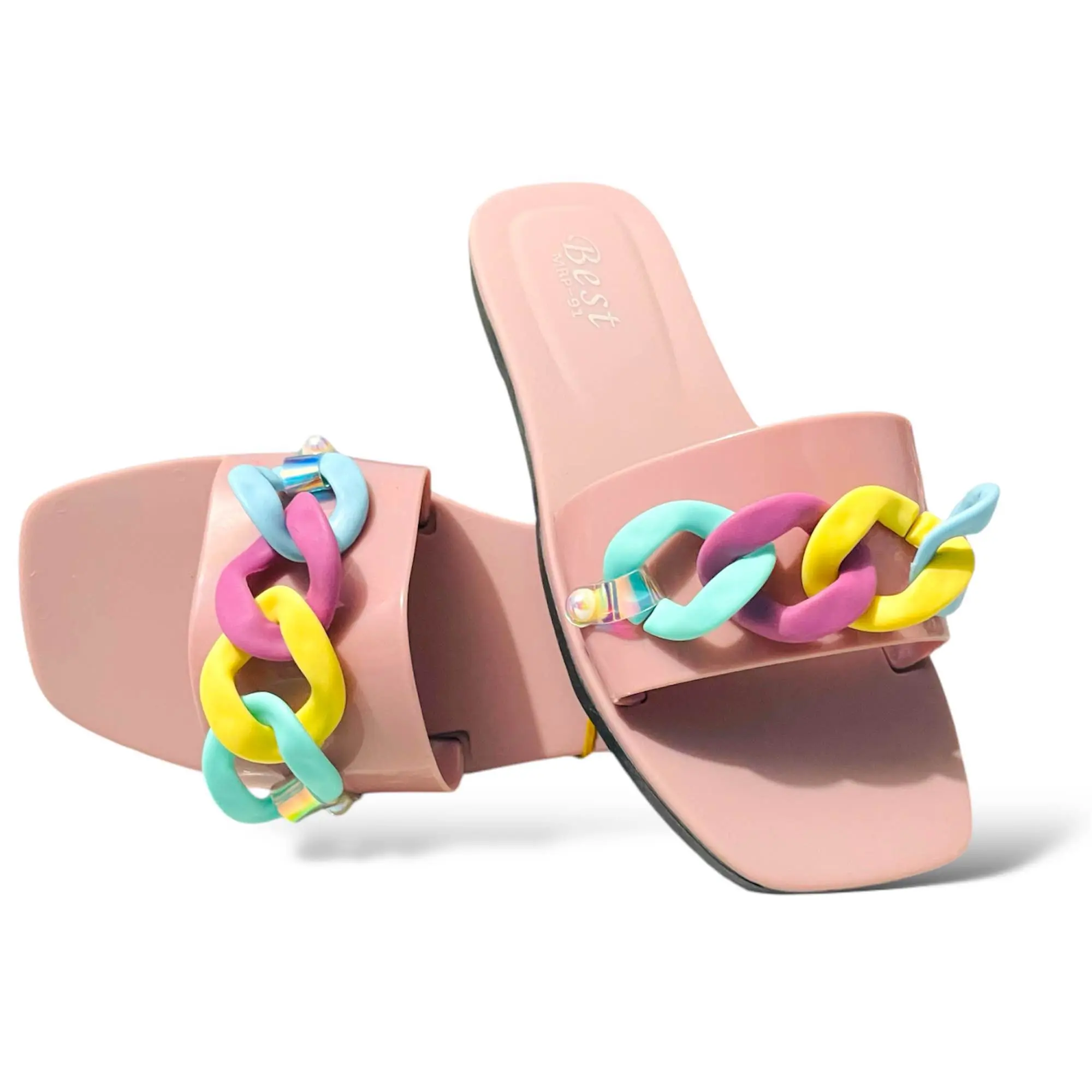 Picture of Ginger by Lifestyle Women Pink, Blue & Green Embellished Rubber Slider Girls Rubber Slides Sandal 36-40