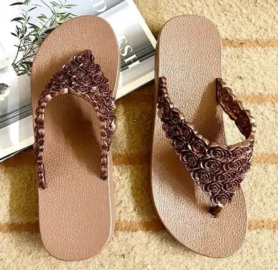 Picture of Slippers For Women Wearing Sloping Heels, Fashionable And Casual Summer Beach Shoes, Waterproof And Anti Slip Herringbone Indoor Slippers hill Shoes For Girl Sandal For Girl -(Color) Pink, Gold,Brawon Size Eu 36-40