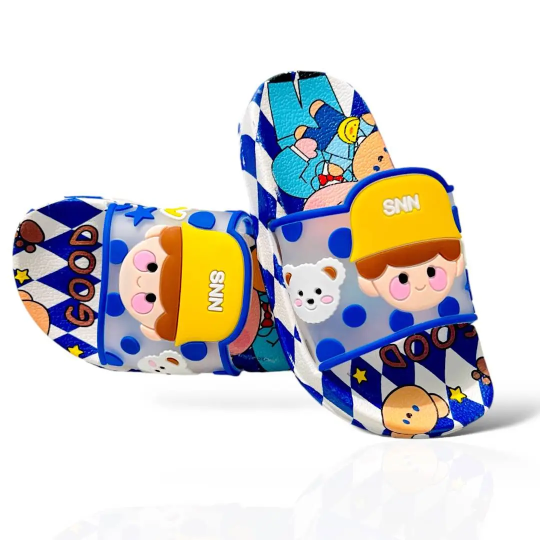Picture of Slides For children | Slippers for boys sandals for kids room | Slides Slipper for Summer Slippers Shoes Graffiti Open Toe Low Platform Flip Flops Outdoor Flat Beach Slides Sandals cartoon Cute cartoon indoor Non outdoor children's slippers Color : Blue,