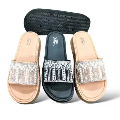 Picture of Trendy Women Rhinestone Decor Sandals, Glamorous New Fabric Wedge Slide Sandals New Fashionable Premium Sandal For Wonan