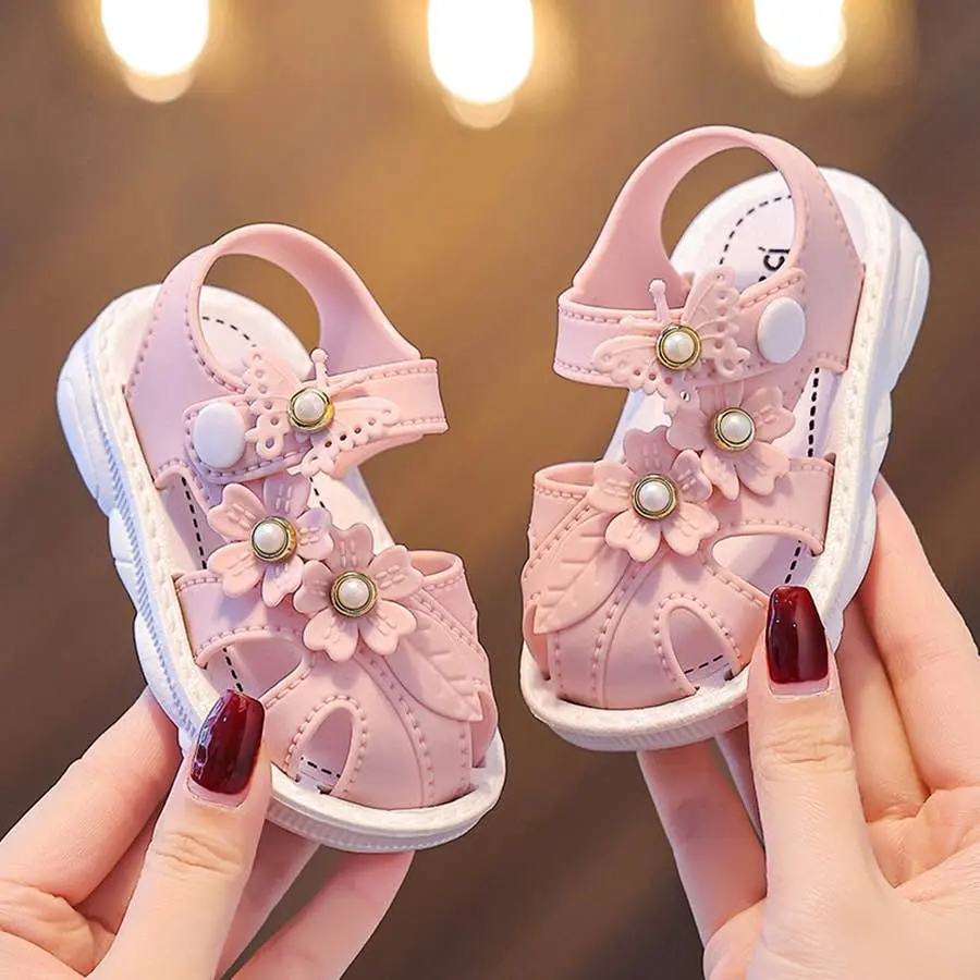 Picture of Trendy Cute Solid Color Flower Decor Sandals For Baby Girls, Breathable Non-slip Walking Shoes For Summer