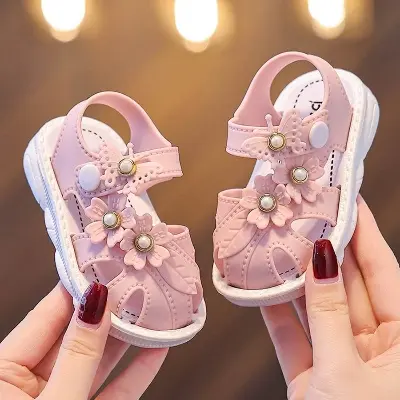 Picture of Trendy Cute Solid Color Flower Decor Sandals For Baby Girls, Breathable Non-slip Walking Shoes For Summer