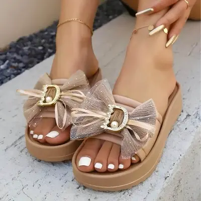 Picture of Pearl Embellished Ribbon Platform Slippers for Women