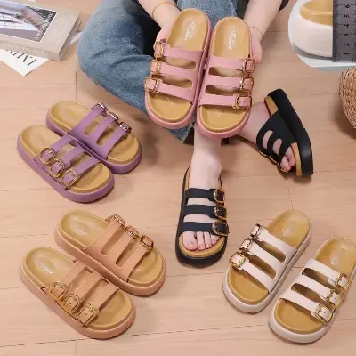 Picture of Women’s Triple Buckle Platform Sandals – Trendy Slip-On Summer Slippers, Comfortable Daily Casual Footwear (Black, Beige, Brown)