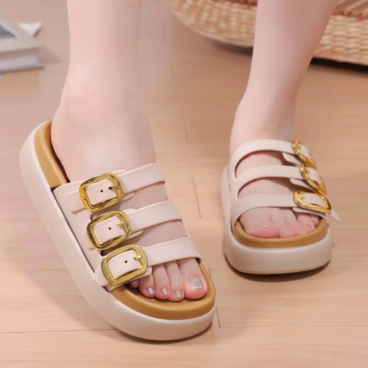 Picture of Women’s Triple Buckle Platform Sandals – Trendy Slip-On Summer Slippers, Comfortable Daily Casual Footwear (Black, Beige, Brown)