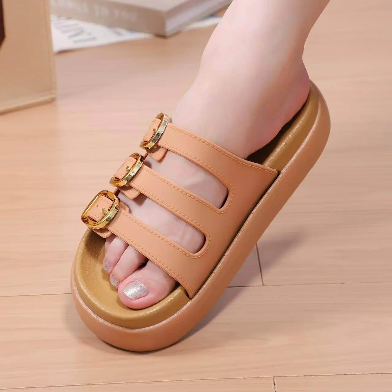 Picture of Women’s Triple Buckle Platform Sandals – Trendy Slip-On Summer Slippers, Comfortable Daily Casual Footwear (Black, Beige, Brown)