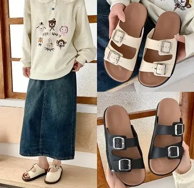Picture of Women’s Stylish Slip-On Sandals – Double Buckle Design, Comfortable Cushioned Sole, Casual Summer Footwear (Black, White, Brown)