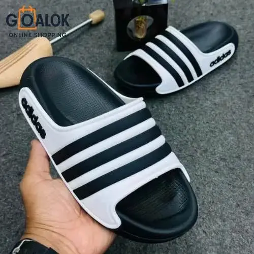 Picture of New Original Adidas Classic Black & White Triple-Line Slides – Trendy Casual Slip-On Sandals for Men & Women | Lightweight, Comfortable & Stylish Footwear
