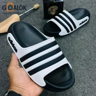 Picture of New Original Adidas Classic Black & White Triple-Line Slides – Trendy Casual Slip-On Sandals for Men & Women | Lightweight, Comfortable & Stylish Footwear