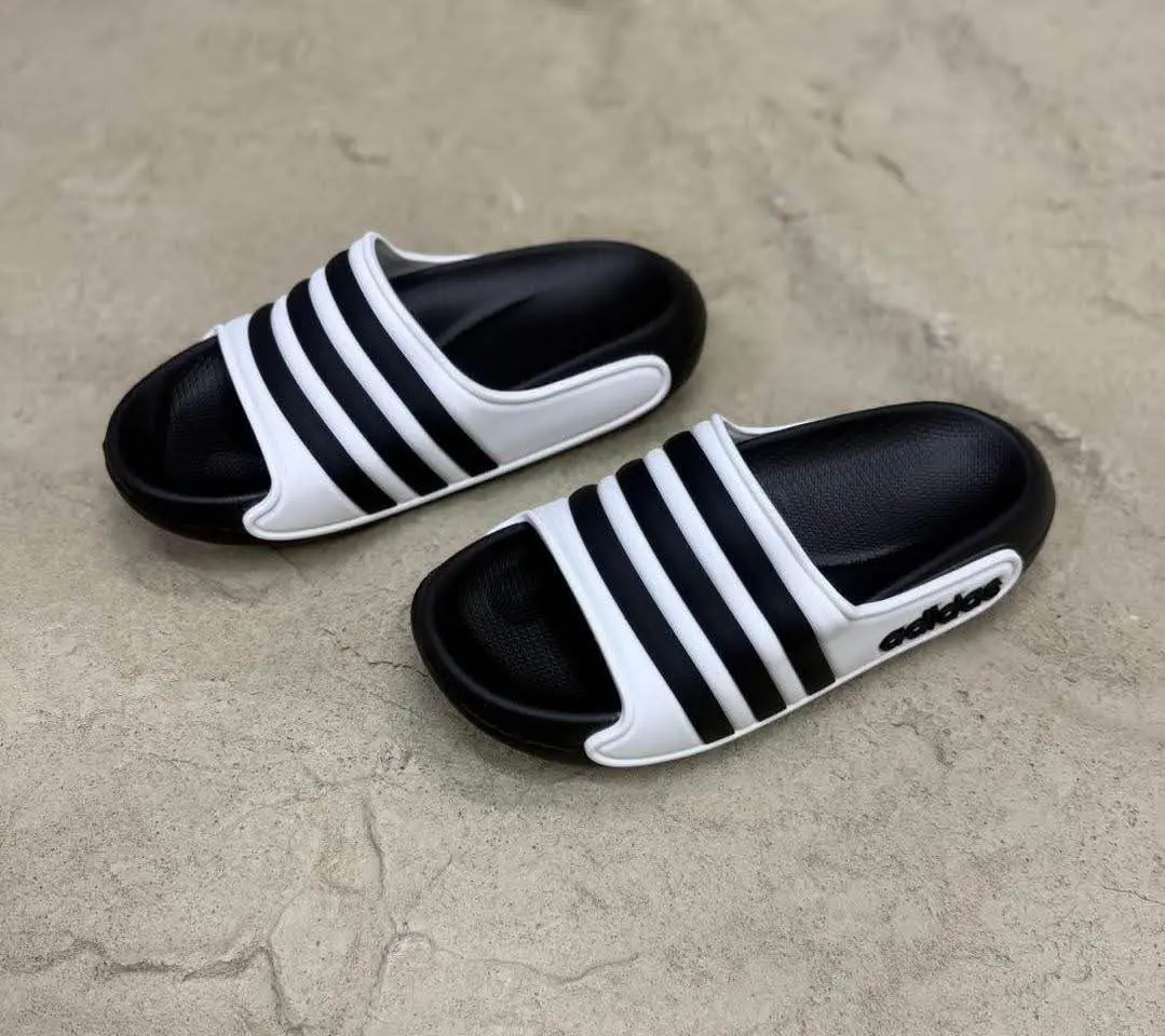Picture of New Original Adidas Classic Black & White Triple-Line Slides – Trendy Casual Slip-On Sandals for Men & Women | Lightweight, Comfortable & Stylish Footwear