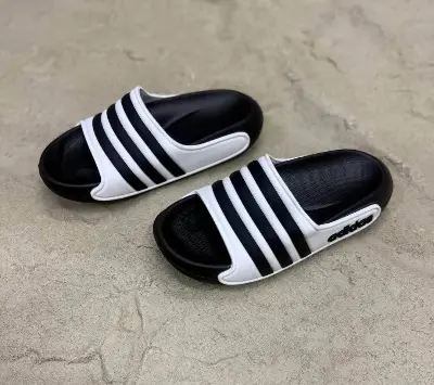 Picture of New Original Adidas Classic Black & White Triple-Line Slides – Trendy Casual Slip-On Sandals for Men & Women | Lightweight, Comfortable & Stylish Footwear