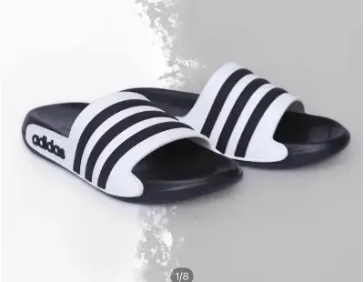 Picture of New Original Adidas Classic Black & White Triple-Line Slides – Trendy Casual Slip-On Sandals for Men & Women | Lightweight, Comfortable & Stylish Footwear