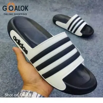 Picture of New Original Adidas Classic Black & White Triple-Line Slides – Trendy Casual Slip-On Sandals for Men & Women | Lightweight, Comfortable & Stylish Footwear