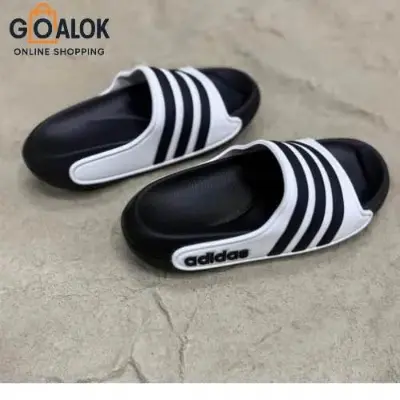 Picture of New Original Adidas Classic Black & White Triple-Line Slides – Trendy Casual Slip-On Sandals for Men & Women | Lightweight, Comfortable & Stylish Footwear