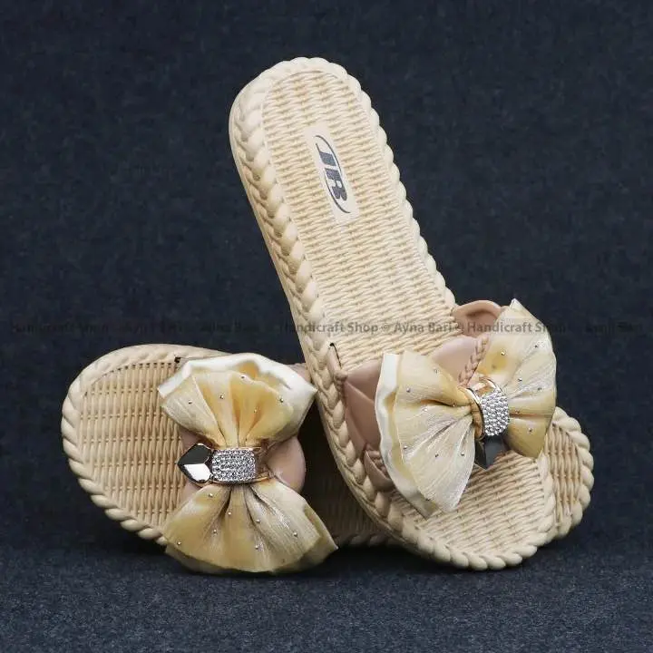 Picture of Women's Fashion Slide Sandal (Slipper) - Elegant Bow Design Flat Footwear with Crystal Stone Work - Casual for Girls