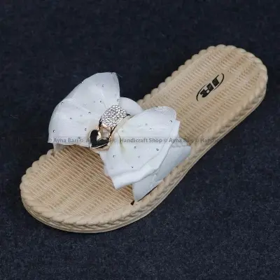 Picture of Women's Fashion Slide Sandal (Slipper) - Elegant Bow Design Flat Footwear with Crystal Stone Work - Casual for Girls
