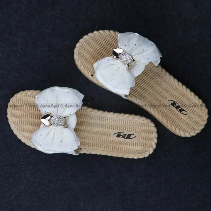 Picture of Women's Fashion Slide Sandal (Slipper) - Elegant Bow Design Flat Footwear with Crystal Stone Work - Casual for Girls