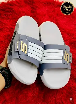 Picture of Skechers Adjustable Slide Slipper for Men | Premium Quality Casual Slider Sandal with 4 White Stripe | Beach Shower Pool Slides | New Collection Blue Black Grey White