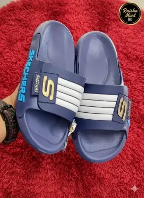 Picture of Skechers Adjustable Slide Slipper for Men | Premium Quality Casual Slider Sandal with 4 White Stripe | Beach Shower Pool Slides | New Collection Blue Black Grey White