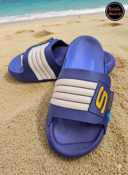Picture of Skechers Adjustable Slide Slipper for Men | Premium Quality Casual Slider Sandal with 4 White Stripe | Beach Shower Pool Slides | New Collection Blue Black Grey White