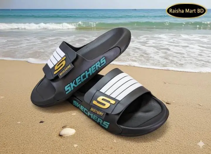 Picture of Skechers Adjustable Slide Slipper for Men | Premium Quality Casual Slider Sandal with 4 White Stripe | Beach Shower Pool Slides | New Collection Blue Black Grey White
