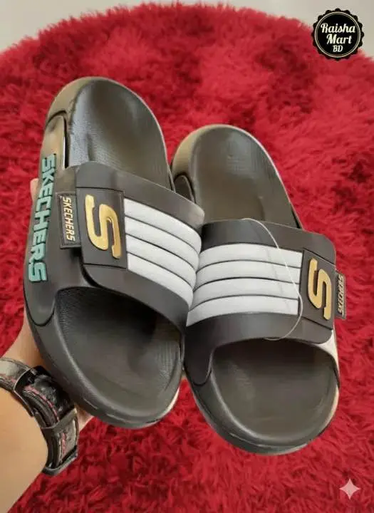 Picture of Skechers Adjustable Slide Slipper for Men | Premium Quality Casual Slider Sandal with 4 White Stripe | Beach Shower Pool Slides | New Collection Blue Black Grey White