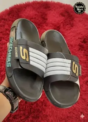 Picture of Skechers Adjustable Slide Slipper for Men | Premium Quality Casual Slider Sandal with 4 White Stripe | Beach Shower Pool Slides | New Collection Blue Black Grey White