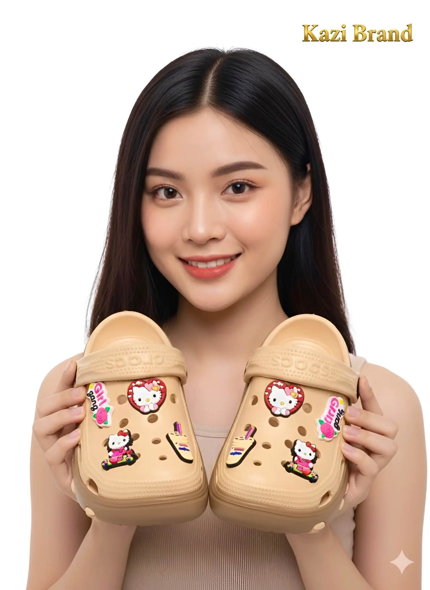 Picture of 👑 TRENDY Crocs Style Clogs Sandal with Jibbitz Charm | Kazi Brand Clogs For Girls/Women | Soft & Comfy EVA Foam Slipper | Non-Slip Platform Hole Shoes