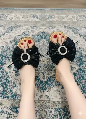 Picture of Trendy Women's Fashion Slipper with Bow & Rhinestone Embellishment - Stylish Flat Sandal for Girls - Comfortable House Slipper - Summer Casual Footwear