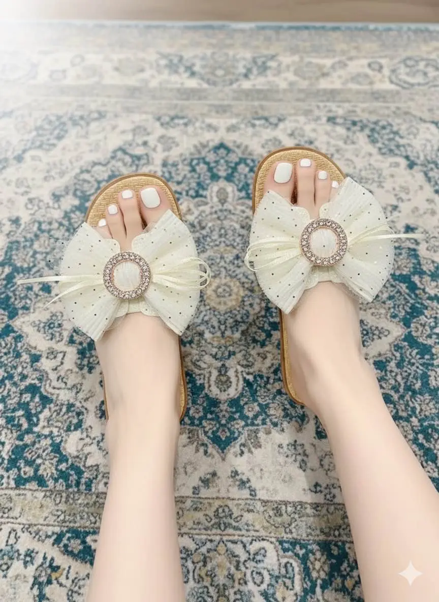 Picture of Trendy Women's Fashion Slipper with Bow & Rhinestone Embellishment - Stylish Flat Sandal for Girls - Comfortable House Slipper - Summer Casual Footwear