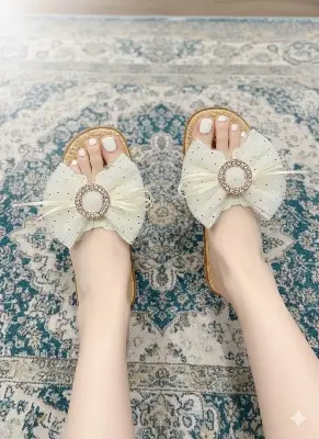Picture of Trendy Women's Fashion Slipper with Bow & Rhinestone Embellishment - Stylish Flat Sandal for Girls - Comfortable House Slipper - Summer Casual Footwear