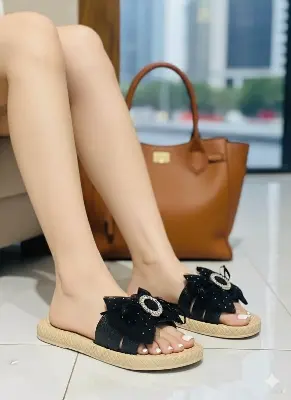 Picture of Trendy Women's Fashion Slipper with Bow & Rhinestone Embellishment - Stylish Flat Sandal for Girls - Comfortable House Slipper - Summer Casual Footwear