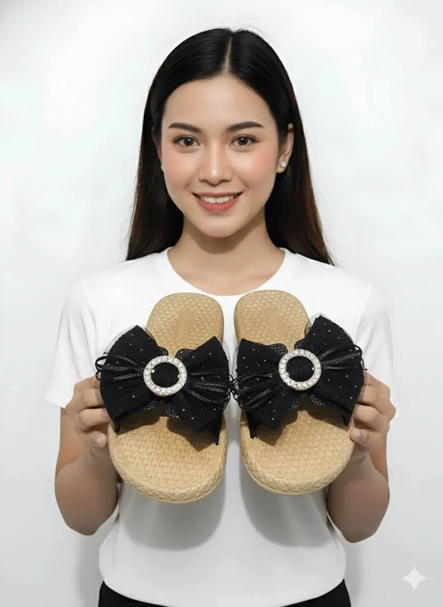 Picture of Trendy Women's Fashion Slipper with Bow & Rhinestone Embellishment - Stylish Flat Sandal for Girls - Comfortable House Slipper - Summer Casual Footwear