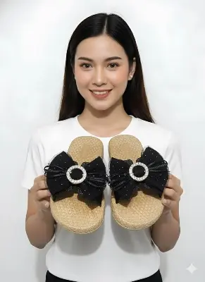 Picture of Trendy Women's Fashion Slipper with Bow & Rhinestone Embellishment - Stylish Flat Sandal for Girls - Comfortable House Slipper - Summer Casual Footwear