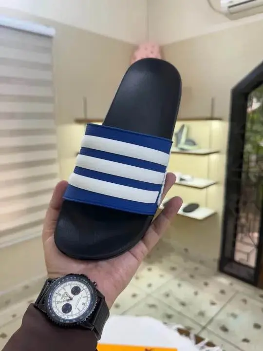 Picture of New Trendy Adidas Adilette Aqua Slides for Men | Stylish Blue and White Triple-Striped Slipper Sandals | Comfortable One-Slip Flat Shoes