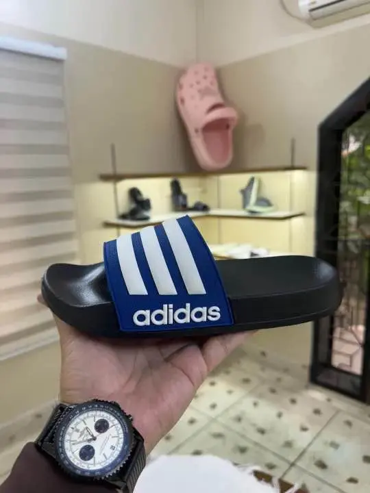 Picture of New Trendy Adidas Adilette Aqua Slides for Men | Stylish Blue and White Triple-Striped Slipper Sandals | Comfortable One-Slip Flat Shoes