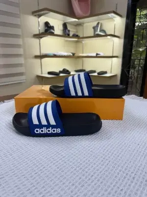 Picture of New Trendy Adidas Adilette Aqua Slides for Men | Stylish Blue and White Triple-Striped Slipper Sandals | Comfortable One-Slip Flat Shoes