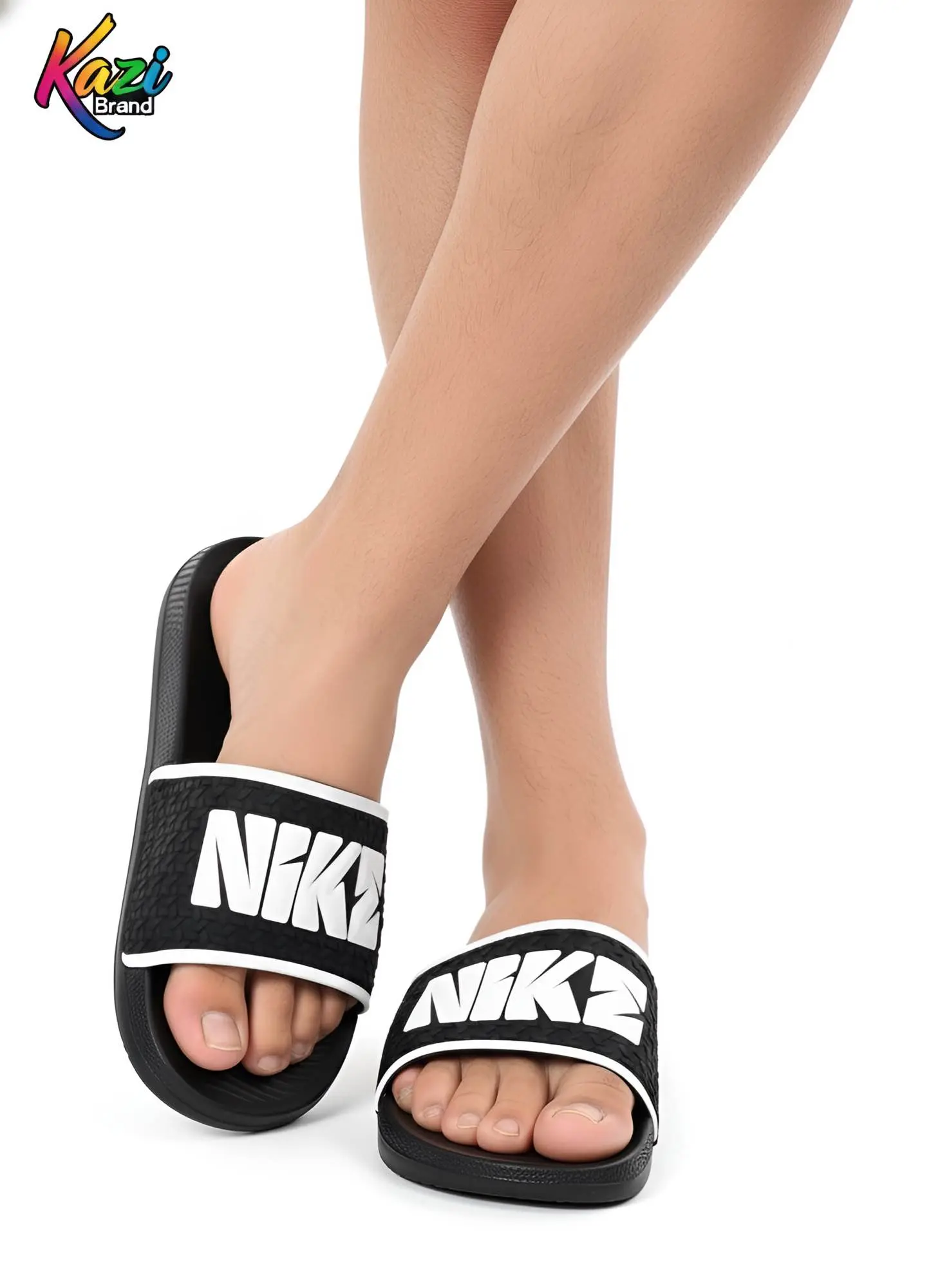 Picture of Kazi Brand™️ | New Kal Craft EVA Slide Sandals for Men - Trading Designer Print Slippers (Black-White) - Ultra Comfortable Viral Slide Shoes - Men's Black Slides