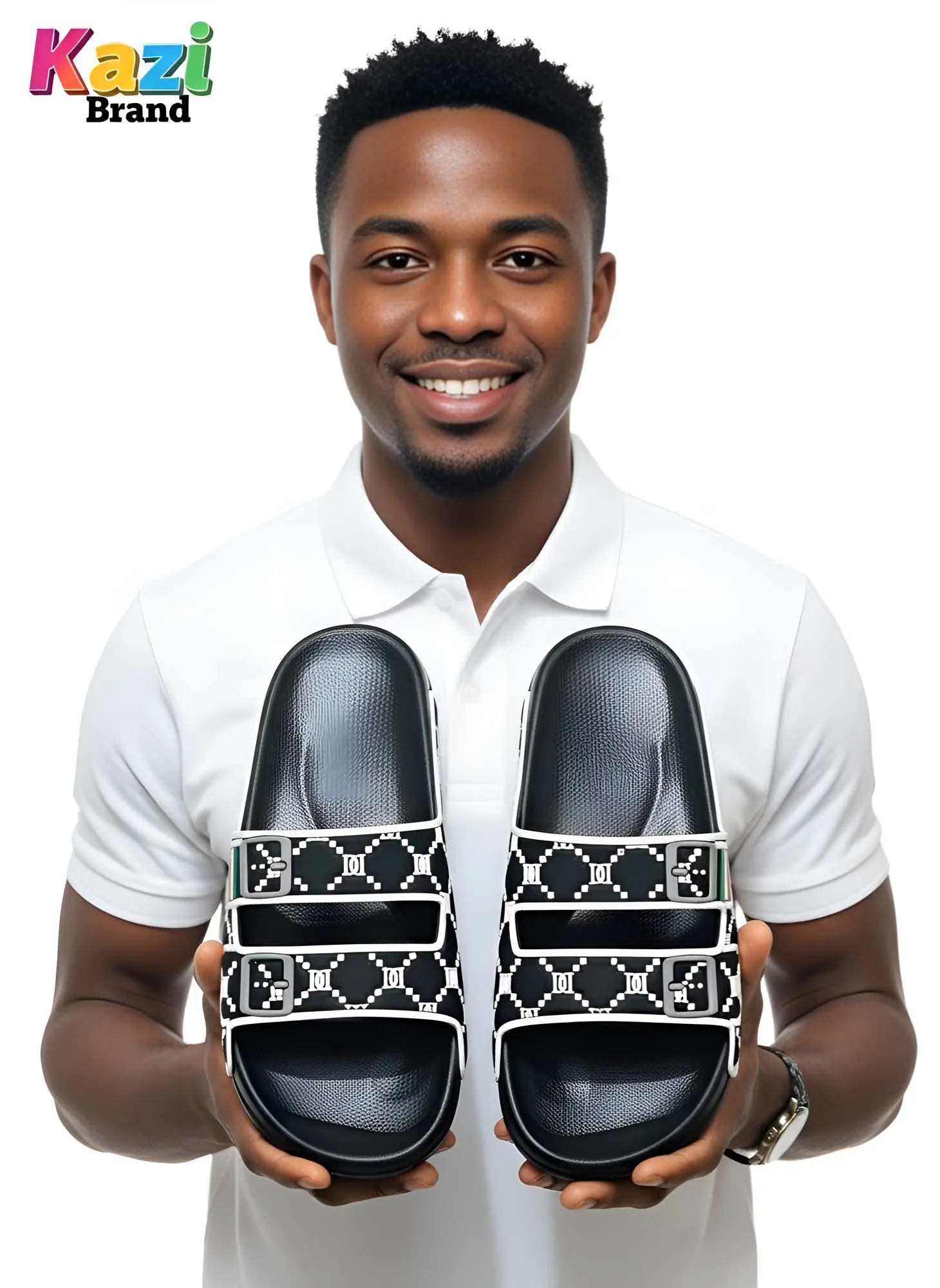 Picture of Kazi Brand Men’s Double Strap Premium Comfort Slider Sandal – Black | Trendy Lightweight Casual Slipper for Daily Wear