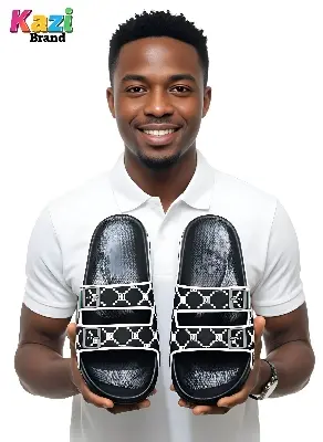 Picture of Kazi Brand Men’s Double Strap Premium Comfort Slider Sandal – Black | Trendy Lightweight Casual Slipper for Daily Wear