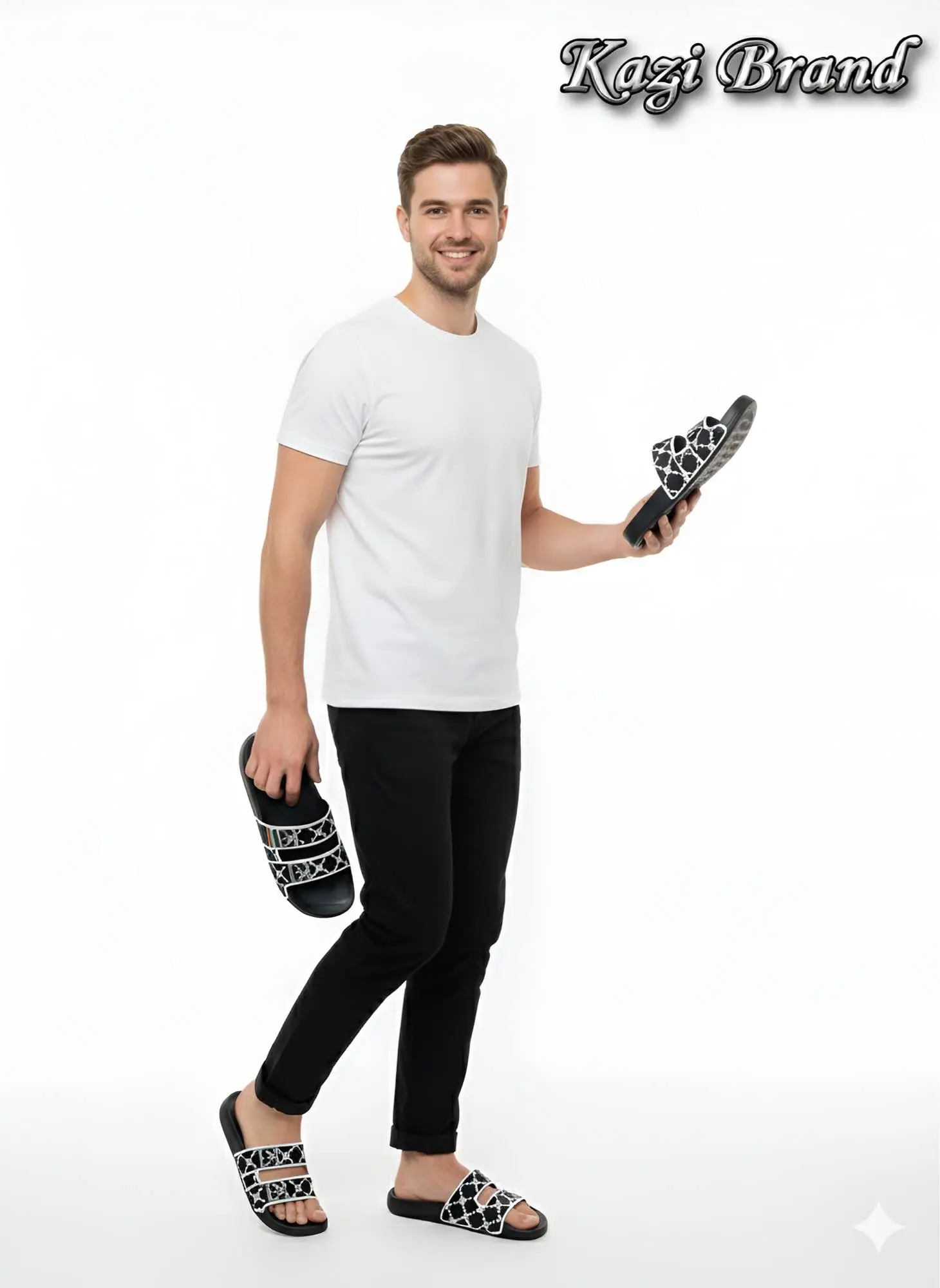 Picture of Kazi Brand Men’s Double Strap Premium Comfort Slider Sandal – Black | Trendy Lightweight Casual Slipper for Daily Wear