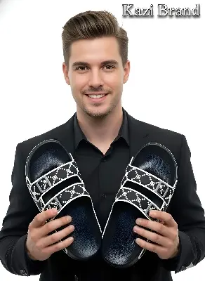 Picture of Kazi Brand New Stylish Fashion Double Strap Slider Slipper Sandal for Men/Women | Black & White Comfort Casual Choti Juta