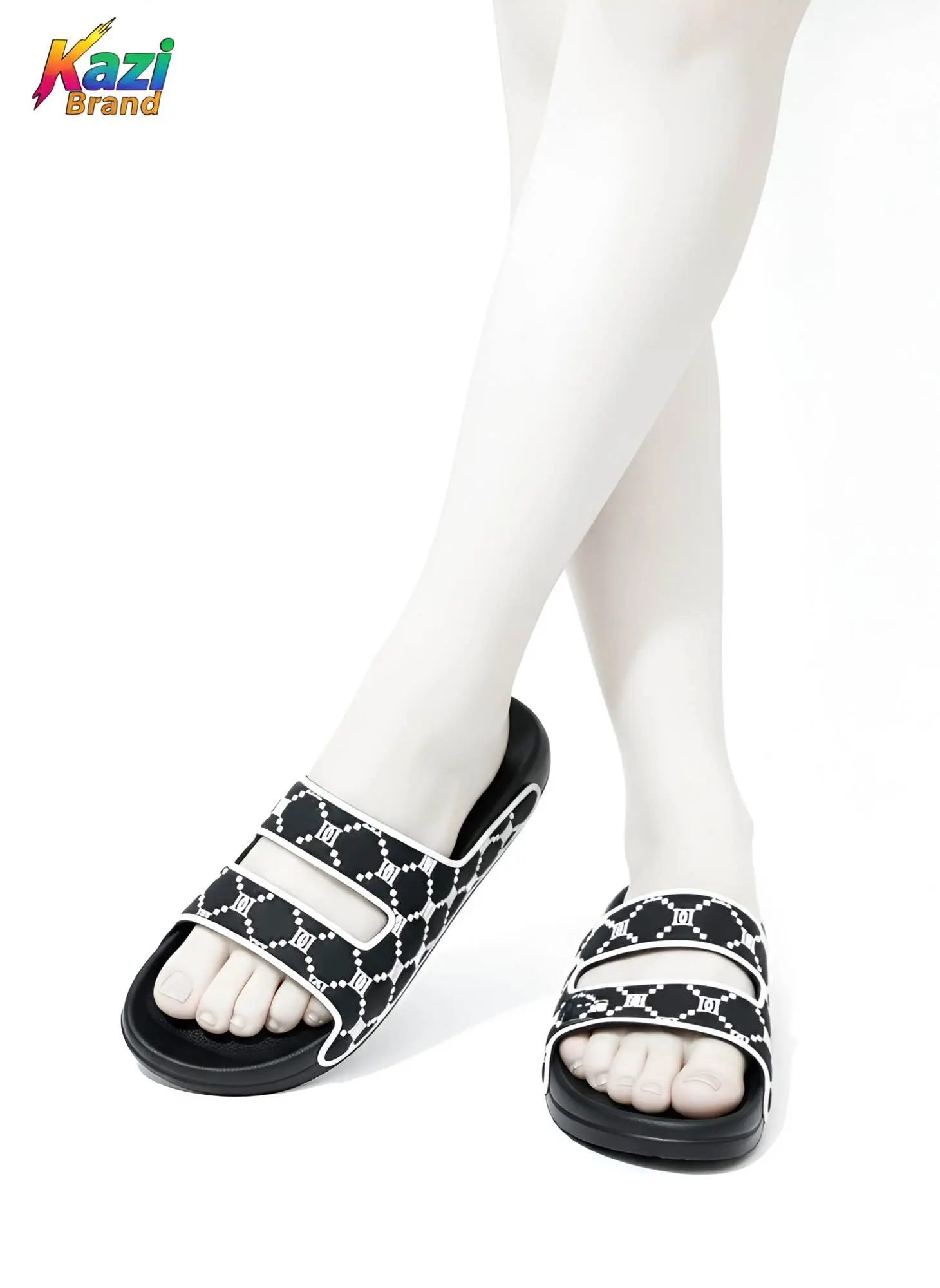 Picture of Kazi Brand New Stylish Fashion Double Strap Slider Slipper Sandal for Men/Women | Black & White Comfort Casual Choti Juta